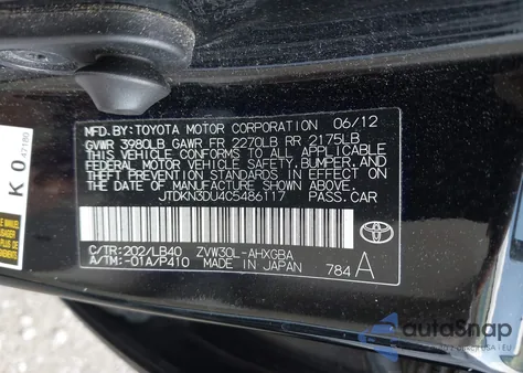 2012 Toyota Prius Five z USA, uszkodzony, nr VIN JTDKN3DU4C5486117